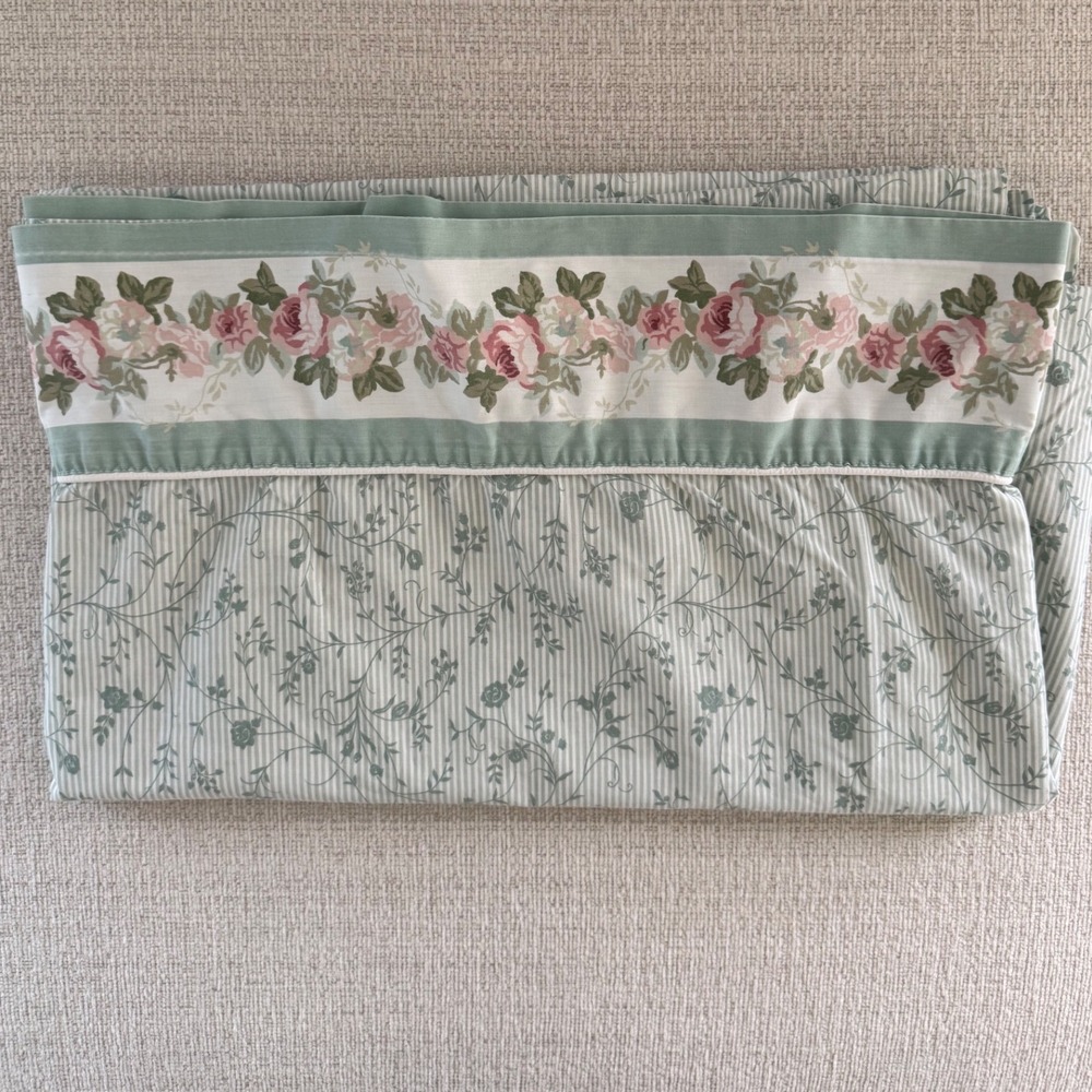 Vintage‎ LAURA ASHLEY Cottage Rose Full Flat Sheet Sage Green Pink Floral USA